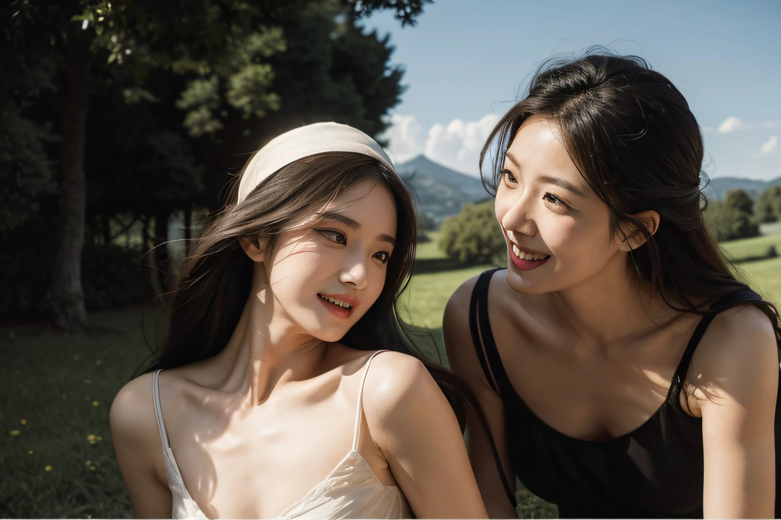 Poussin-style landscape,A smile,,Sweet and seductive appearance.、Caravaggio's paintings、Chiaroscuro of Caravaggio、Hair disheveled in the wind,Two women frolicking,Cute smile, Expression of ecstasy,A sexy,erotick