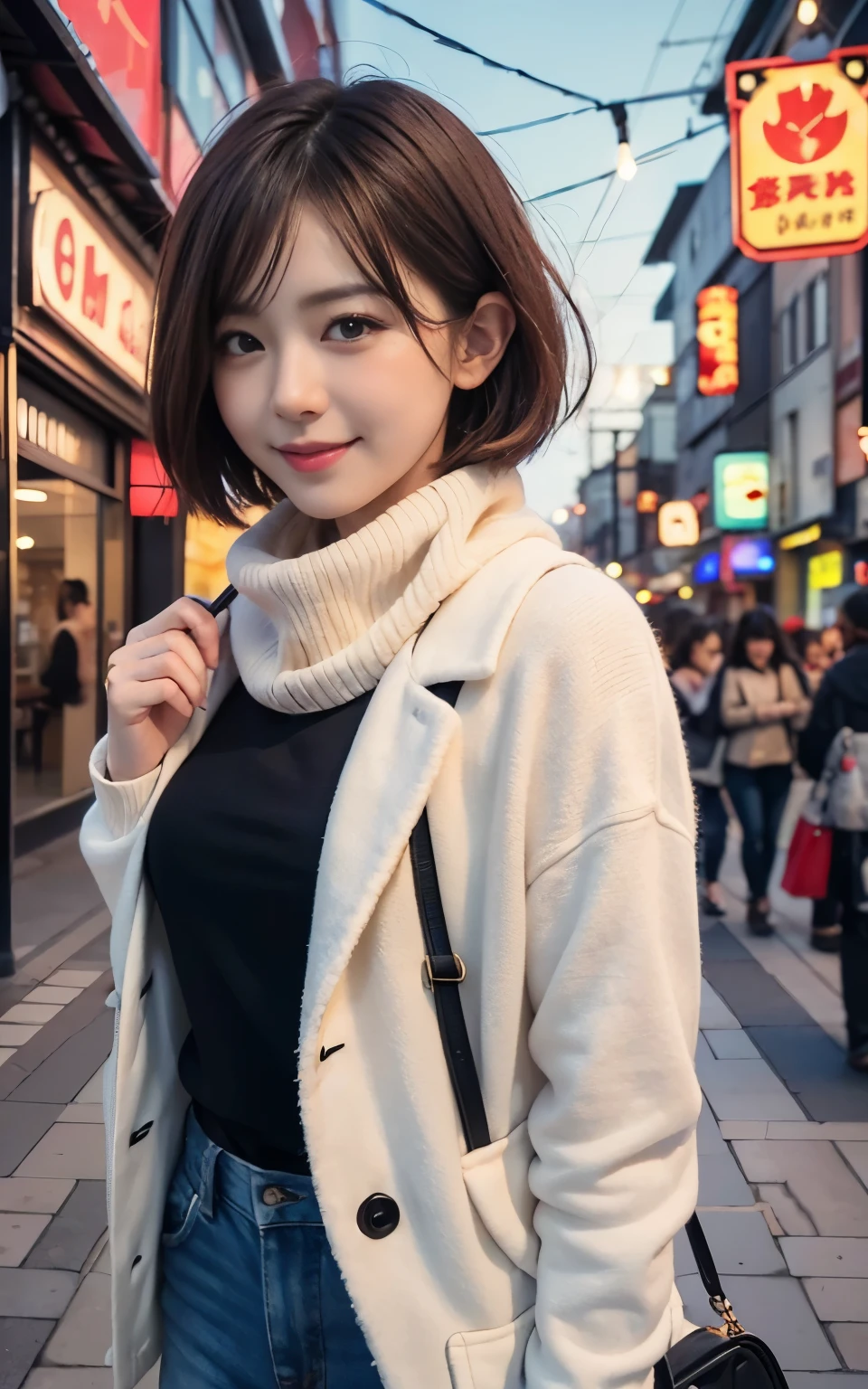 Cute 21 years old Japan、billiards、date、A smile、Super Detail Face、Eye of Detail、二重まぶた、beautiful thin nose、foco nítido:1.2、prety woman:1.4、(light brown hair,short cut hair, White skin、top-quality、发光、​masterpiece、超A high resolution、(Photorealsitic:1.4)、cute fancy winter clothes、colorful muffler、