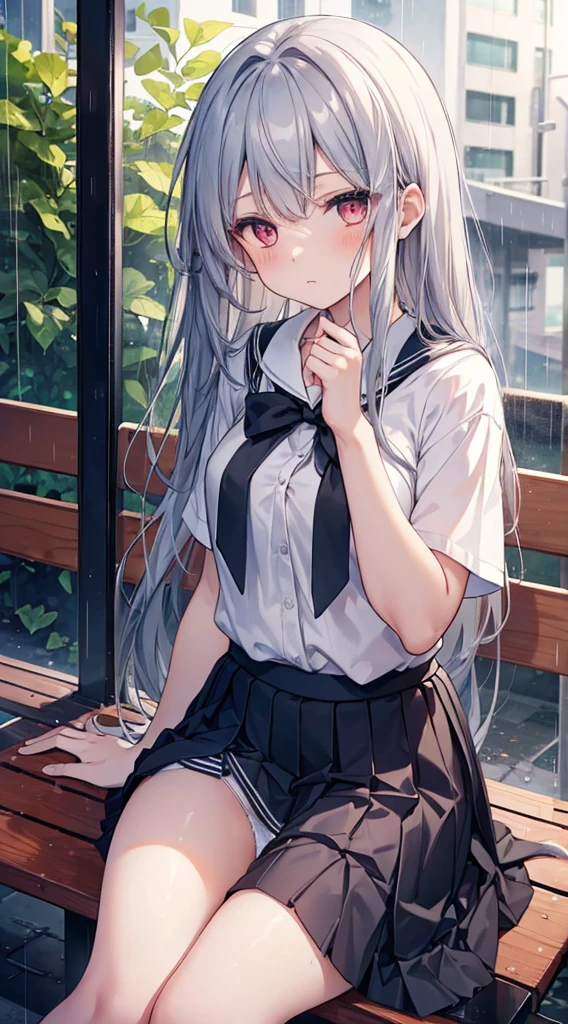 Sitting on a wooden bench at a rain-soaked bus stop、blue gray long hair,diagonal hair curtains,Hair is scattered around the waist,Black short sleeve sailor uniform school uniform plus skirt,White skin of the,Pale red eyes,Innocent eyes,Yandere style expression,hands are playing with hair.,girl,Colossal tits,(((tucking up the skirt、White panties are visible,)))、Knee socks that dig into the thighs