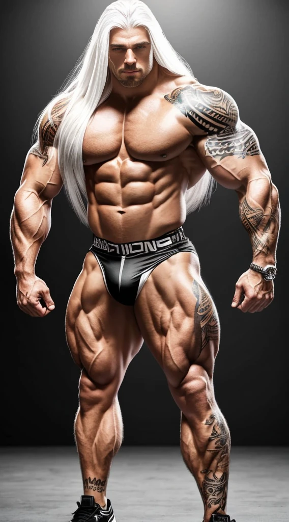 A bodybuilder standing, solo, full body tattoo, muscular body, long white hair, super detailed, realistic, 8k