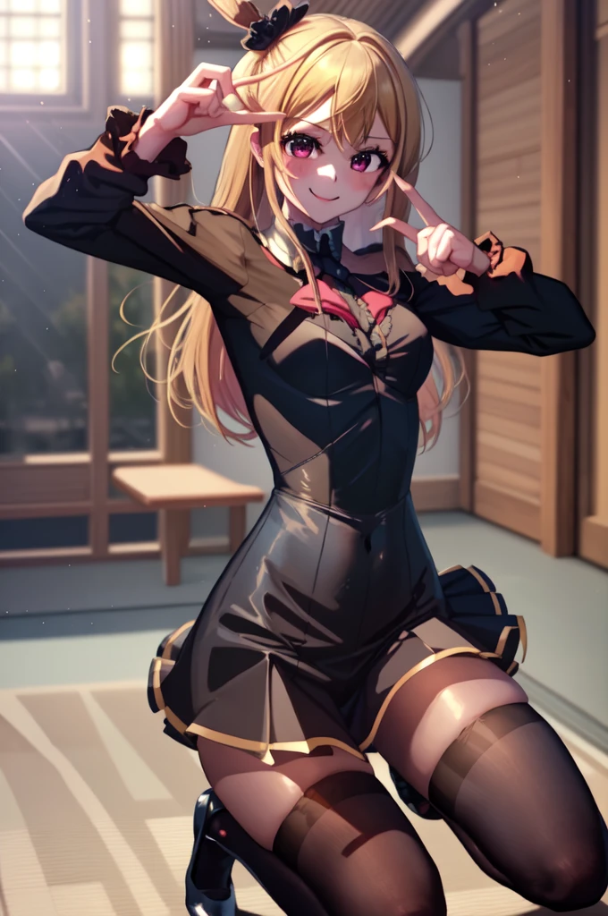 anime, beautiful face, highly detailed face, 2 accurate legs detailed eyes, highly detailed background, perfect lighting, accurate arms, accurate hands, accurate fingers, full body, 1girl, solo, ruby hoshino, oshi no ko, indoors, heels, thighhighs, garter stockings, indoors, absurdres, high res, ultrasharp, 8K, masterpiece, looking at viewer, (full body:1.4), smiling with compassion, loving smile, bunny ears hair accessories, wearing black bunny suit, sexy bunny suit, heart shaped hands, heart_hands