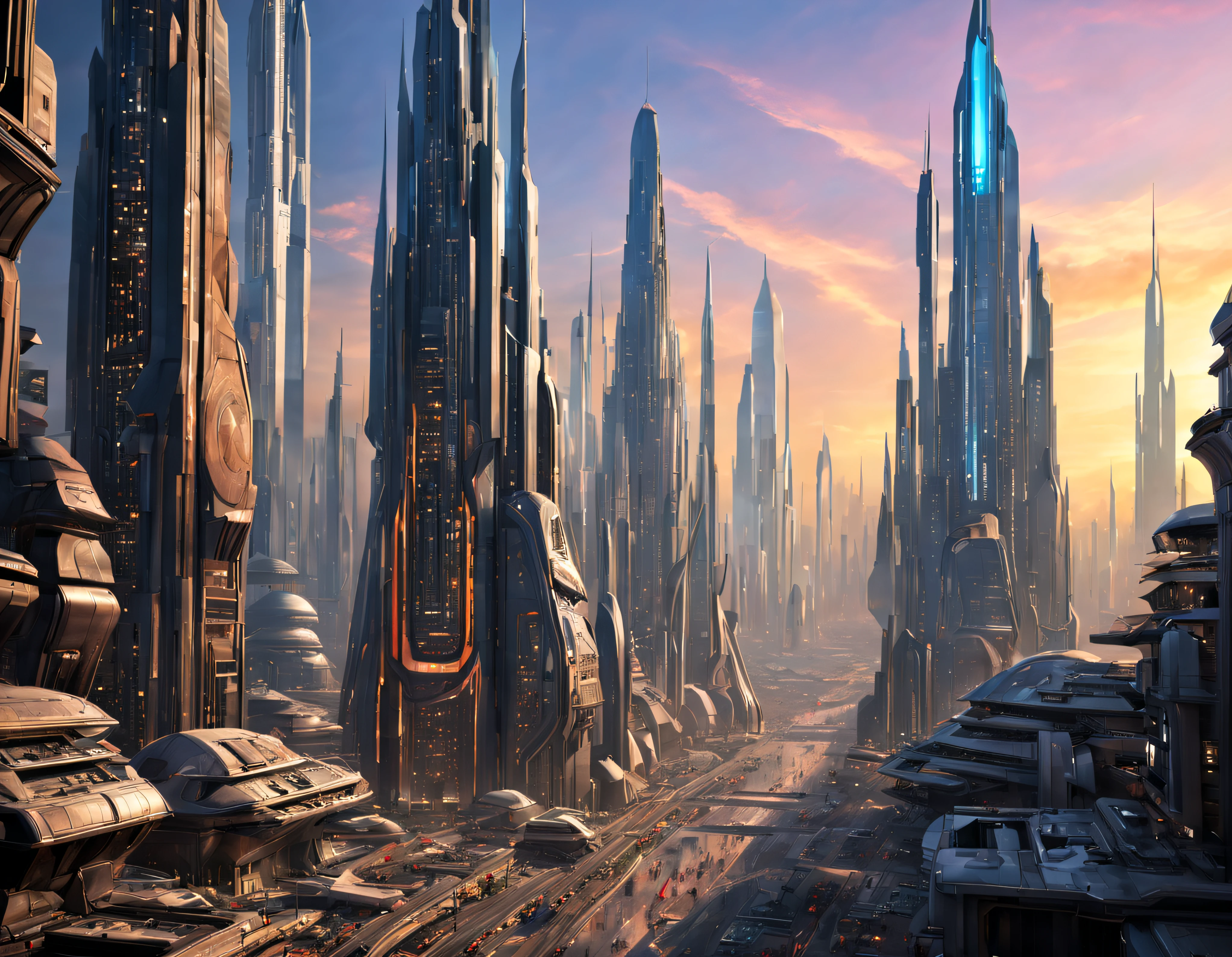 (The city of Coruscant from Star Wars as designed by Doug Chiang), futuristic fantasy city with immense buildings of technological design (que forman una avenida infinita), edificios compactor no difuminados con aspecto metalico, luces en ventanas en edificios, iluminacion diurna con sol, con estructuras acristaladas espectaculares, (con colores vivos). pavimento ensolado (sin brillo). gente paseando. imagen bien definida con muchos edificios juntos. imagen nitida bien definida 8k. los edificios llegan alta el fondo.,8k. imagen cinematografica