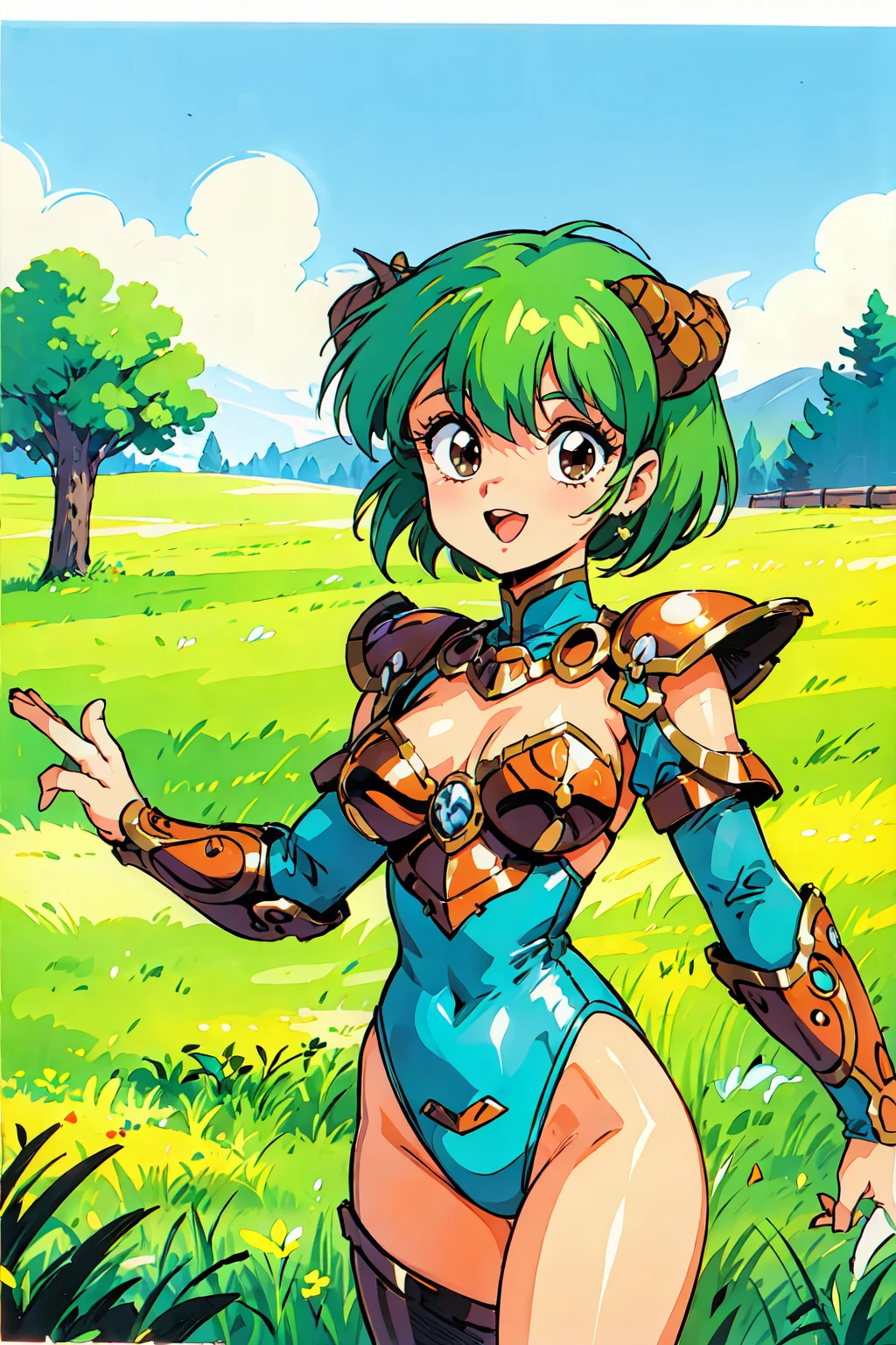 "(masterpiece:1.1), best quality,
1girl, (traditional media 80s:1.4), (eyelashes:1.5), (li:1.2),
(intricate high detailed body:1.2),
(green hair:1.1), (hair over one eye:1.1), (very short hair, pixie cut:1.1), (demon horns:1.1),
brown eyes,
(huge breasts:1.1),
(happy, smile:1.2), blush, open mouth,
(strapless leotard armor:1.2), (knight armor, armored boots:1.2),
(accessories:1.1), sleeve,
standing, (dynamic pose, action pose:1.2),
(upper body, cowboy shot, looking at viewer:1.1),
(daytime, grassland, outdoors:1.1)"