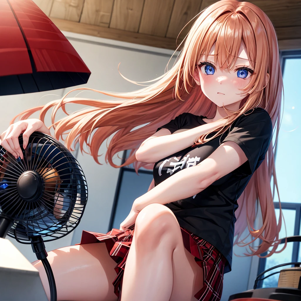 red blonde、blue eyess、one good looking girl、独奏、animesque、Plaid miniskirt、Black T-shirt、the woods、Sunlight、inside in room、Gah、Frolicking、electric fan、Hugging、ah、being sloppy