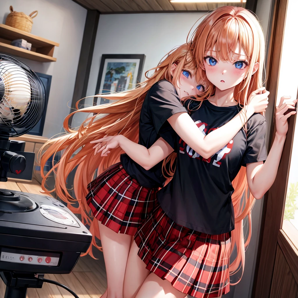 red blonde、blue eyess、one good looking girl、独奏、animesque、Plaid miniskirt、Black T-shirt、the woods、Sunlight、inside in room、Gah、Frolicking、electric fan、Hugging、ah、being sloppy