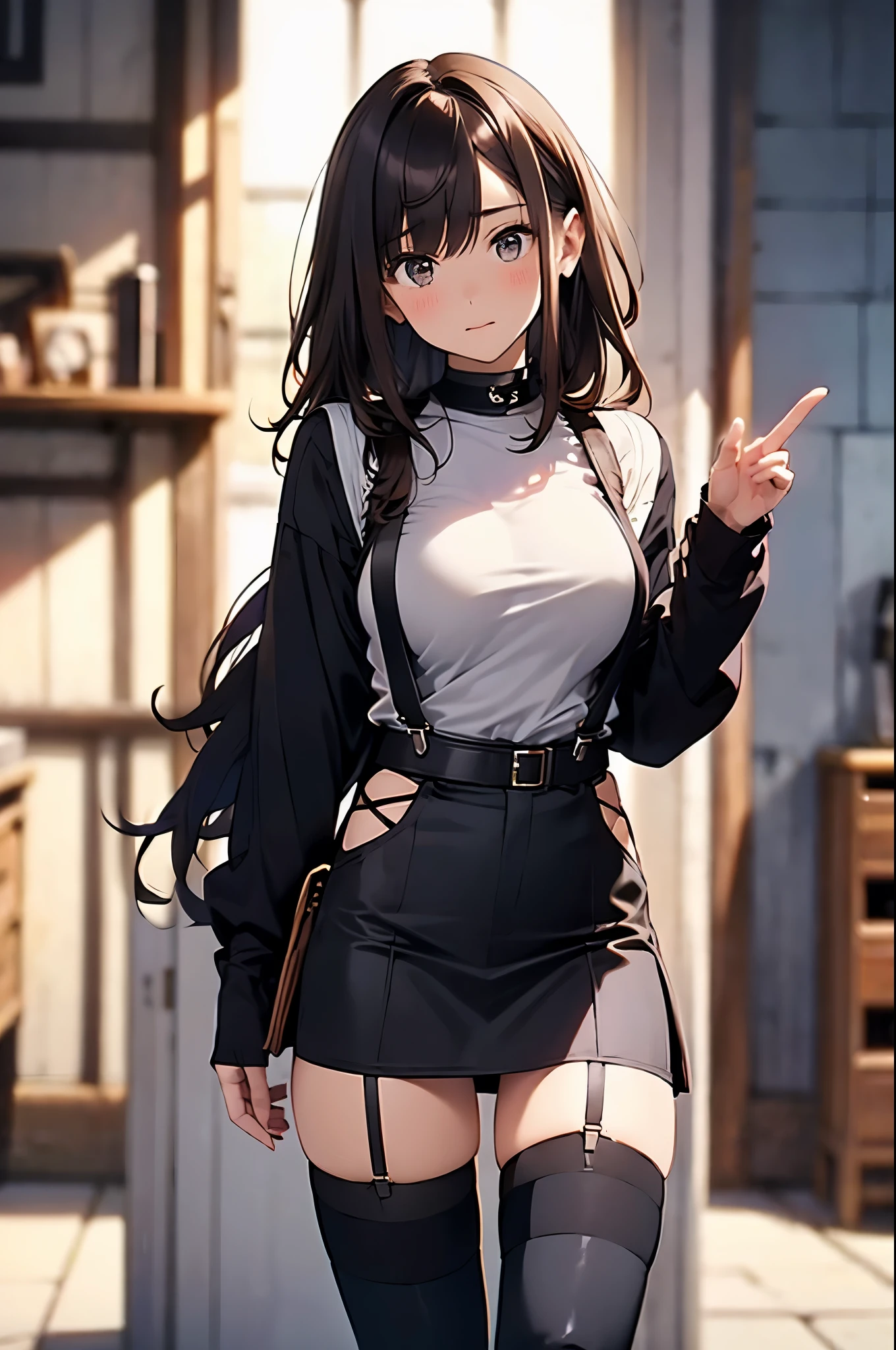 Brown hair、watching at viewers black suspenders Bulging big breasts walls: Black miniskirt garters Gaze Small face bangss holster Beautuful Women hands up レッグholster ベッドに横たわる Gaze black boots panty shot provocation flank flank汗 soio arm