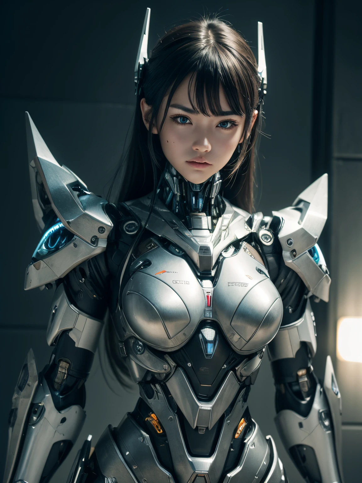 Textured skin, Super Detail, high details, High quality, Best Quality, hight resolution, 1080p, hard disk, Beautiful,beautiful cyborg woman,Mecha Cyborg Girl,Battle Mode,Girl with a Mecha Body,She wears a battle cyborg mech with a weapon,Cyborg Warrior,fully body photo