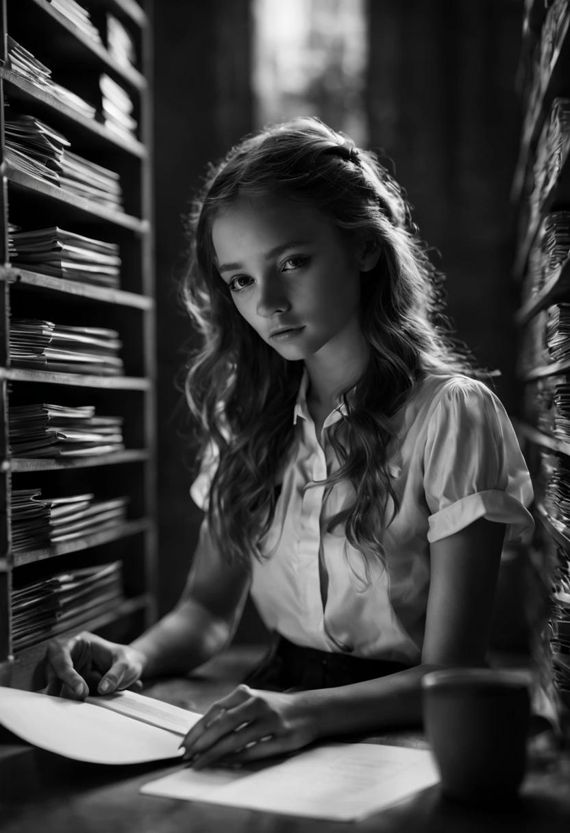 Capture the ethereal of light and shadow in a stunning monochromatic photograph with selective color details of Asian office lady with layered_cut, revealing the hidden poetry of desk files, computer, (realistic, photorealistic, RAWphoto:1.4), octane render, (best quality, masterpiece, Representative work, official art, Professional, unity 8k wallpaper:1.3)