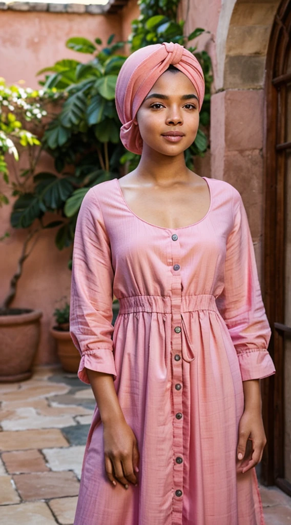 a woman in a pink dress and a turban stands in a courtyard, tessa thompson-innblásin af Júlíönu Sveinsdóttur-dorne merged, entire body visible, full body, hyperrealistic, real human skin, best quality, 8K, masterpiece, extremely intricate, detailed eyes, detailed face, detailed body, exaggerated features, pronounced features, fujifilm