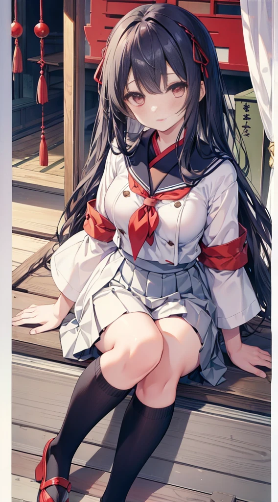Taisho Era、Old Japan、Pre-war Japan、Military style sailor suit、blue gray long hair,diagonal hair curtains,Hair is scattered around the waist,Black short sleeve sailor uniform school uniform plus skirt,White skin of the,pale red eyes,Innocent eyes,Yandere style expression,hands are playing with hair.,girl,Colossal tits,(((tucking up the skirt、White panties are visible,)))、Knee socks that dig into the thighs