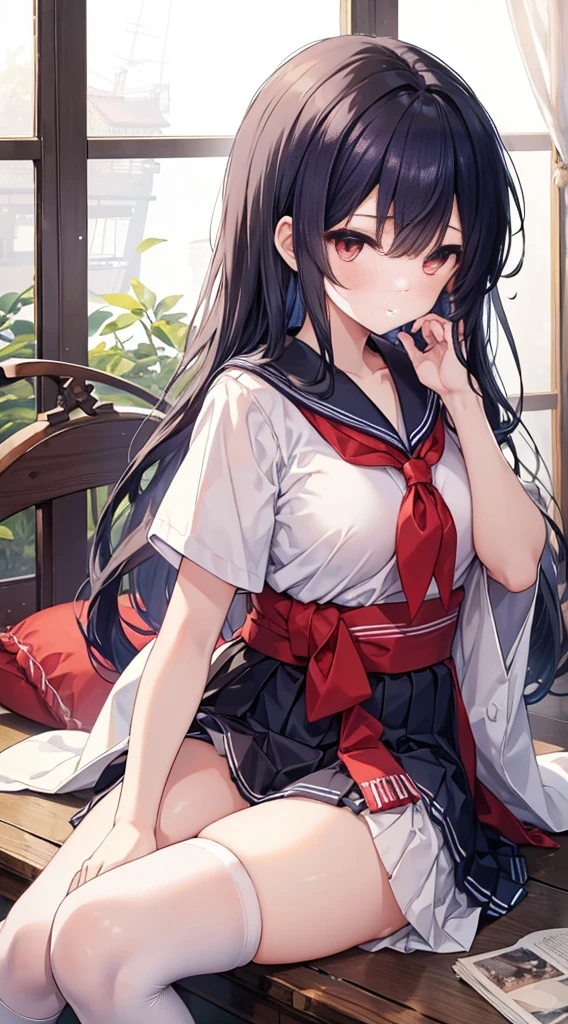 Taisho Era、Old Japan、Pre-war Japan、Military style sailor suit、blue gray long hair,diagonal hair curtains,Hair is scattered around the waist,Black short sleeve sailor uniform school uniform plus skirt,White skin of the,pale red eyes,Innocent eyes,Yandere style expression,hands are playing with hair.,girl,Colossal tits,(((tucking up the skirt、White panties are visible,)))、Knee socks that dig into the thighs