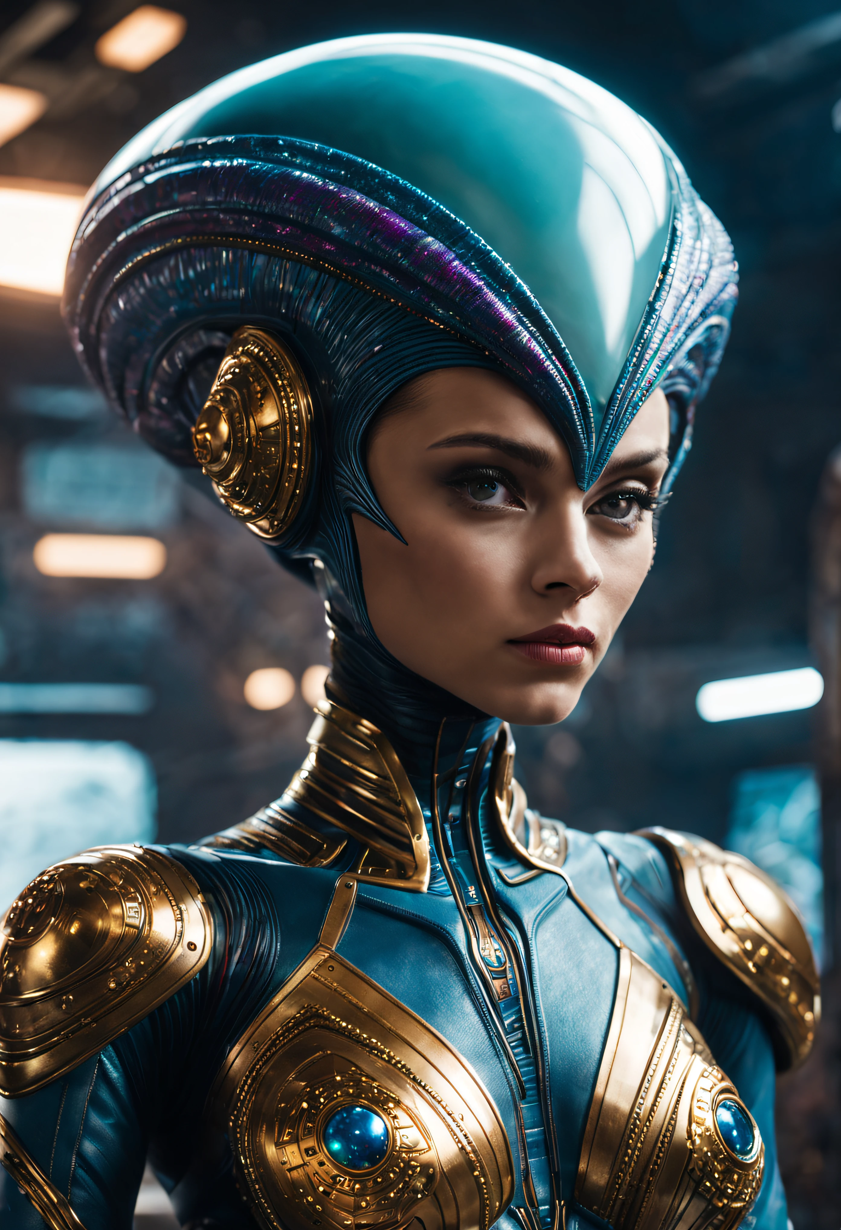 (cuerpo completo), extraterrestrial alien female similar to Lihö-Minaa princess of the people of the planet mül from Valerian and the city of a thousand planets ,vestida de traje de noche corto, engarzado con oro refulgente, priedras preciosas de colores y diamantes, (se encuentra en centro de control de estacion espacial),detalles intrincados de la maquina de alta calidad), estilo cinematografico, nitidez absoluta, imagen 8k.(obra maestra).fondos de pantalla, ultra detallado.