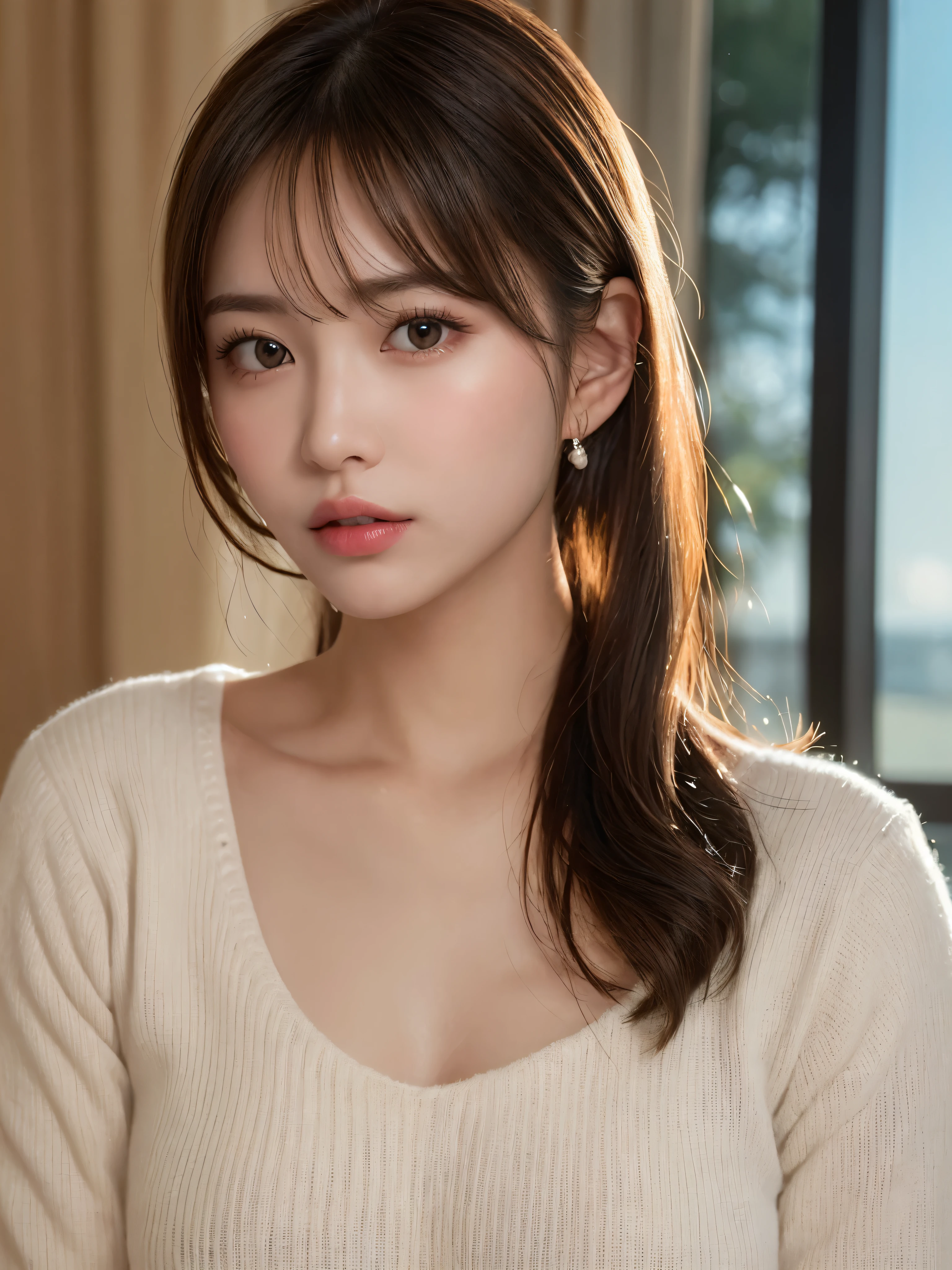 realistic photos of 1 cute Korean star, short ponytail, white skin, thin makeup, 32 inch breasts size, wearing gold tank top, sitting in noodle restaurant, upper body portrait, UHD