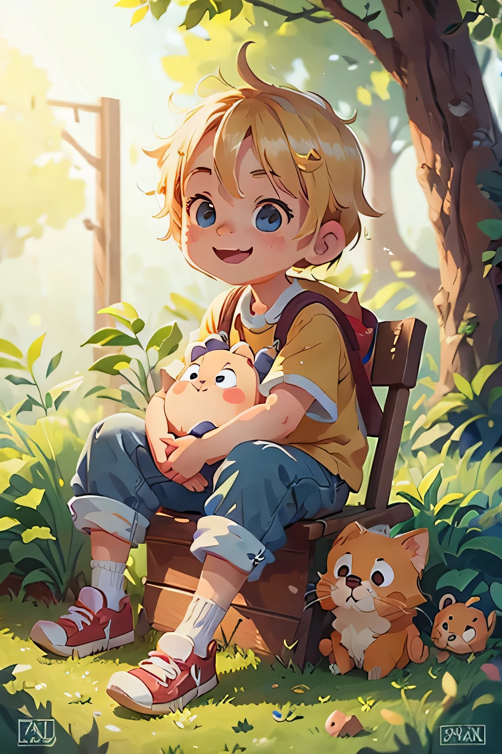 (1 boyin)A cute blond hair boy around 24 years old，blue eyes, Dressed in lazy outfit，Siting in garden，facing at camera，smiling happily，hugging Golden Retriever puppy，floral color backdrop，Bubble Mart style，simplistic design，IP image，Premium natural color combination、Bright and harmonious、Lovely colors、Meticulous character design、behance、Haipai style、Organic sculpture、3D animation style character design、cartoon realistic、Interesting character setting、Ray traching、Children's illustration style