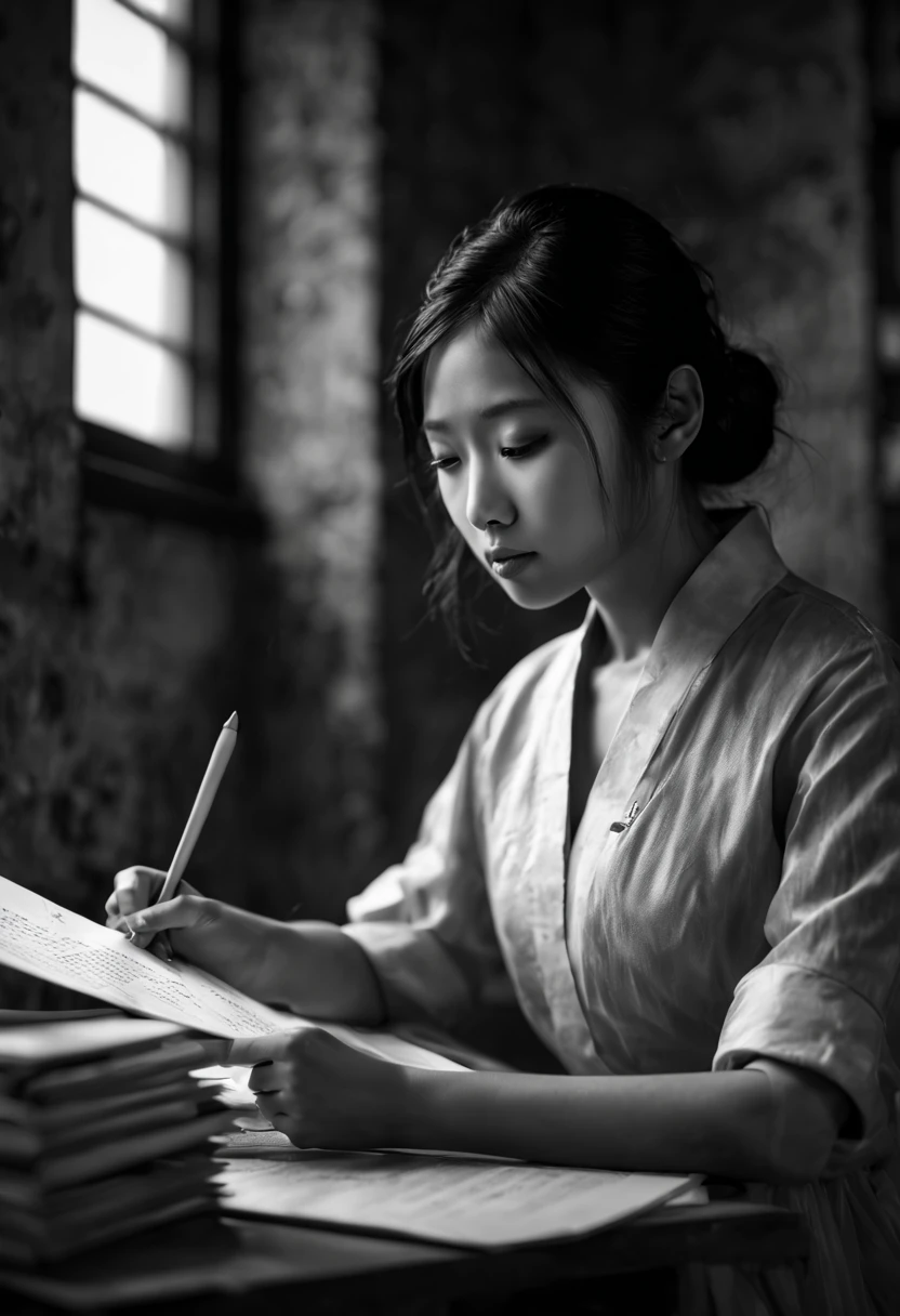 Capture the ethereal of light and shadow in a stunning monochromatic photograph with selective color details of Asian office lady with layered_cut, revealing the hidden poetry of desk files, computer, (realistic, photorealistic, RAWphoto:1.4), octane render, (best quality, masterpiece, Representative work, official art, Professional, unity 8k wallpaper:1.3)