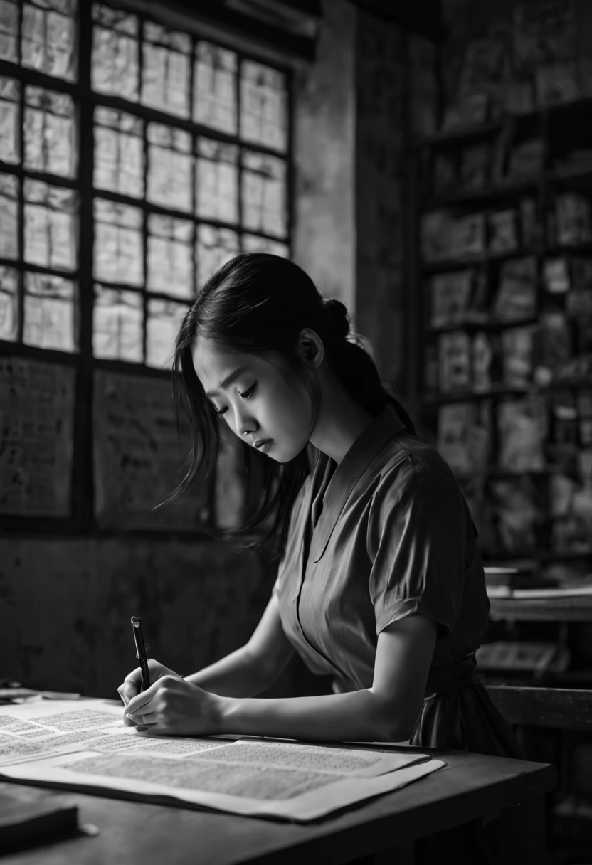 Capture the ethereal of light and shadow in a stunning monochromatic photograph with selective color details of A Asian girl, revealing the hidden poetry, sorting files at company, (realistic, photorealistic, RAWphoto:1.4), octane render, (best quality, masterpiece, Representative work, official art, Professional, unity 8k wallpaper:1.3)