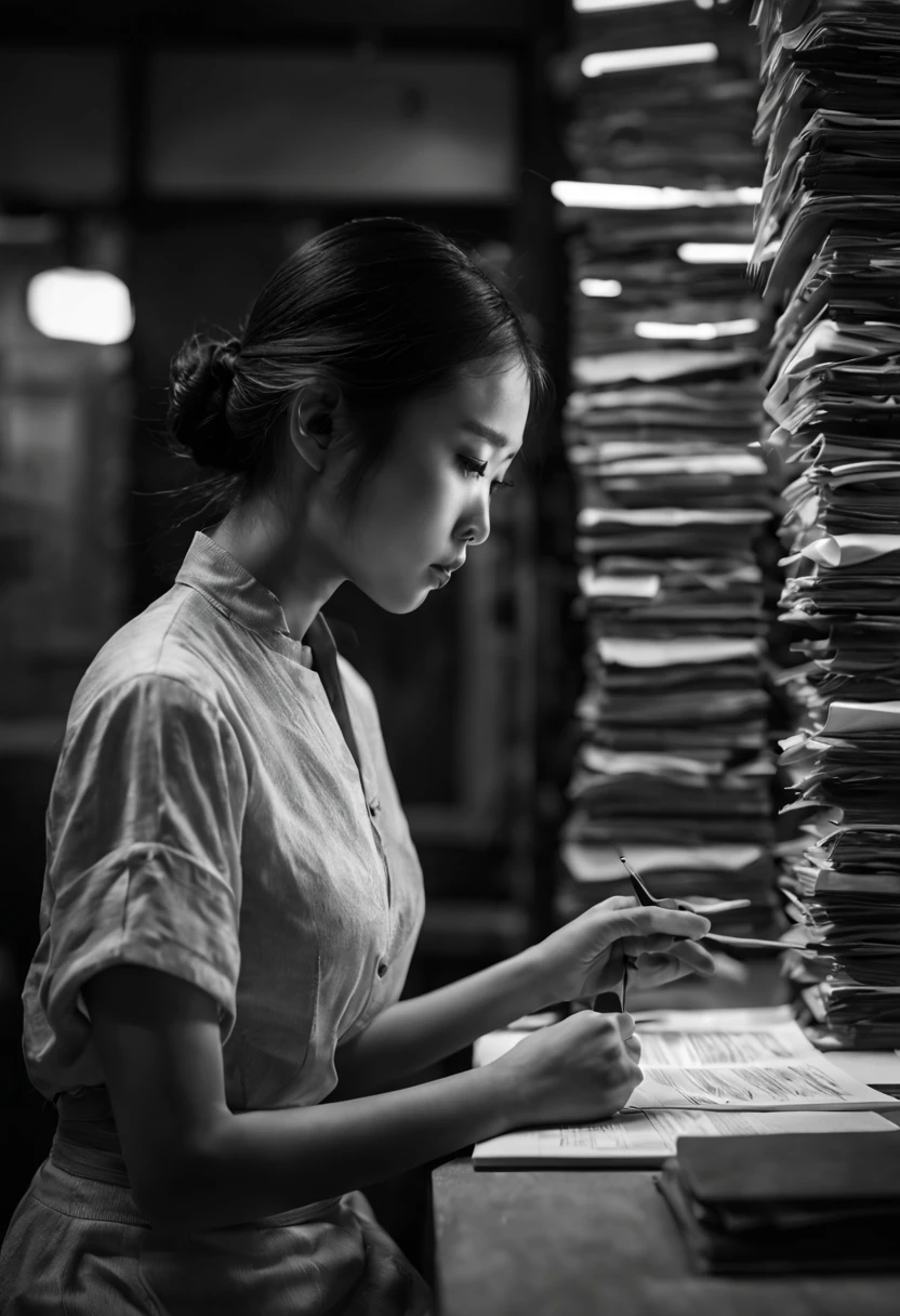 Capture the ethereal of light and shadow in a stunning monochromatic photograph with selective color details of A Asian girl, revealing the hidden poetry, sorting files at company, (realistic, photorealistic, RAWphoto:1.4), octane render, (best quality, masterpiece, Representative work, official art, Professional, unity 8k wallpaper:1.3)