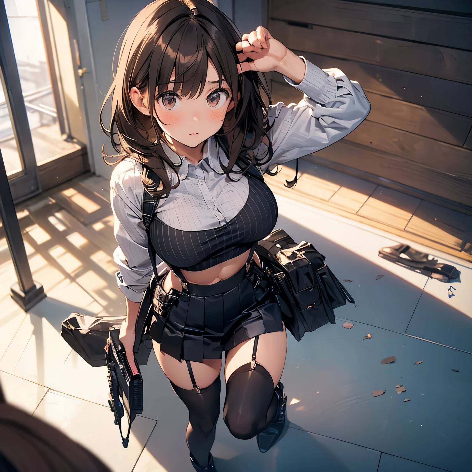 (from above:1.2),(from side:0.9), ((Face)), (Close-Up:0.4), 1female, teacher, wearing a hoodie, bootyshorts, Thicc, small breast, light colored hair, long hair, blue eyes, face to detail, detailed eyes, the background is a pizzaria, smiling, highest quality, (RAW photo:1.2)(Curve,Model,glamor:1.5),Beautiful breasts,(pointed chest:1.0),Farbe_aberration,beautiful detailed shadow,Beautiful eyes,Beautiful body,Beautiful skin,beautifull hands,(medium_breasts:1.5),Brown hair,watching at viewers,black suspenders,Bulging big,breasts,walls: Black miniskirt, garters, Gaze, Small face,bangss,holster,Beautuful Women,hands up,leg holster,Gaze,black boots panty shot, provocation,flank,flank sweat soio,arm,,narrow waist,(with sparkling eyes and a contagious smile),her thin pubic hair, looking at viewer, posed cleavage:1.2,pose muy sexy"