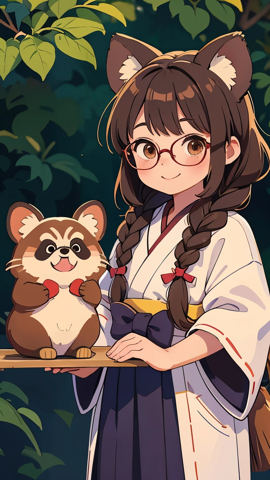 Masterpiece。top-quality。ren。Detailed details。one girls。e litbrown haired。Braids bow。Pill glasses。see the beholder。A slight smil。Tanuki ears。Tanuki tail。Japan priestess costume。Hold a broom with both hands that is about as long as your height.。The background is the precincts of the Japan shrine。