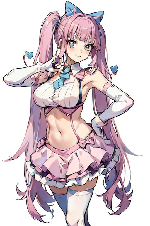 anime girl with pink hair and gloves holding up a peace sign, twintails white_gloves, anime moe artstyle, pose(arms up + happy), in an anime style, anime pose, holding a pudica pose, ig studios anime style, with index finger, in anime style, anime style portrait, anime style character, an anime girl, anime styled