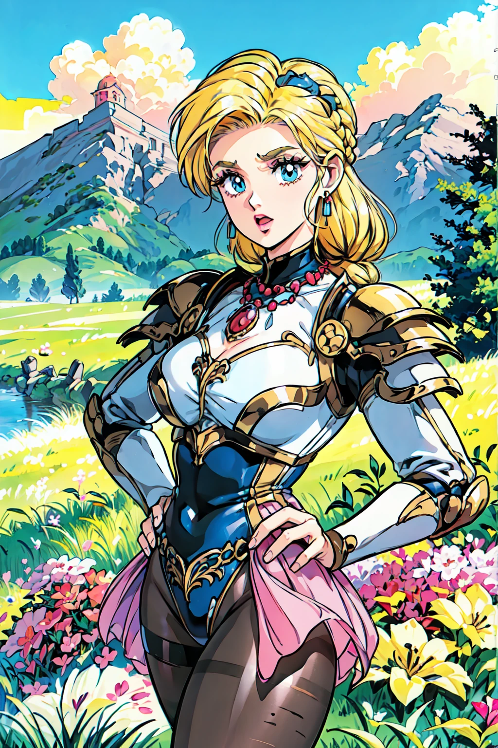 "(masterpiece:1.1), best quality,
1girl, (traditional media 80s:1.4), (eyelashes:1.5), (loli:1.2),
(intricate high detailed body:1.2),
(blonde hair:1.1), (hair slicked back:1.2), (long hair, french braid:1.1), (demon horns:1.1),
blue eyes, (lip stick:1.2), (thick eyebrows:1.1),
(curvy body:1.1), (gigantic breasts:1.1),
(naughty face:1.2), open mouth,
(body suit armor, pantyhose:1.2), (knight armor, armored boots:1.2),
(earrings:1.1), necklace,
standing, (dynamic pose, action pose, hand on hip:1.2),
(upper body, cowboy shot, looking at viewer:1.1),
(daytime, grassland, outdoors:1.1)"