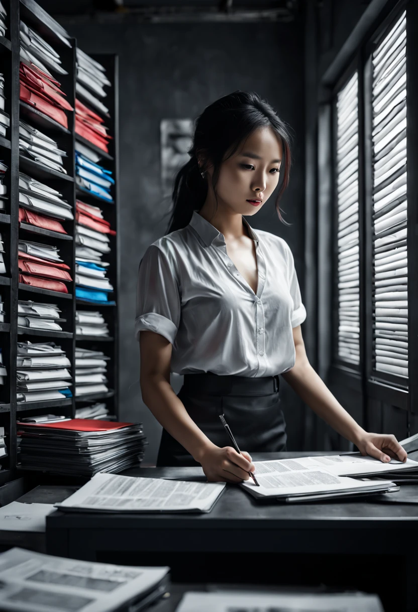 Capture the ethereal of light and shadow in a stunning monochromatic photograph with selective color details of A Asian girl, revealing the hidden poetry of sorting files at company, (realistic, photorealistic, RAWphoto:1.4), octane render, (best quality, masterpiece, Representative work, official art, Professional, unity 8k wallpaper:1.3)