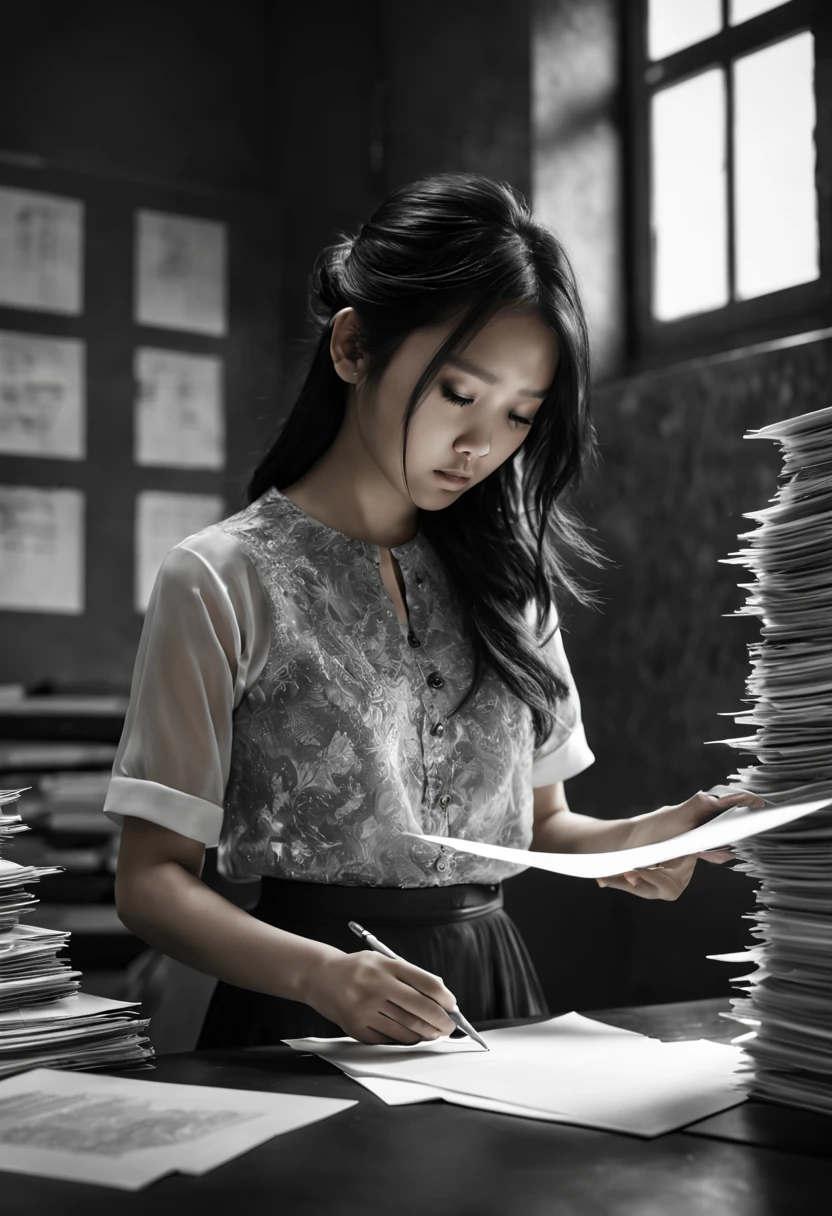 Capture the ethereal of light and shadow in a stunning monochromatic photograph with selective color details of Asian office lady with layered_cut, revealing the hidden poetry of desk files, computer, (realistic, photorealistic, RAWphoto:1.4), octane render, (best quality, masterpiece, Representative work, official art, Professional, unity 8k wallpaper:1.3)