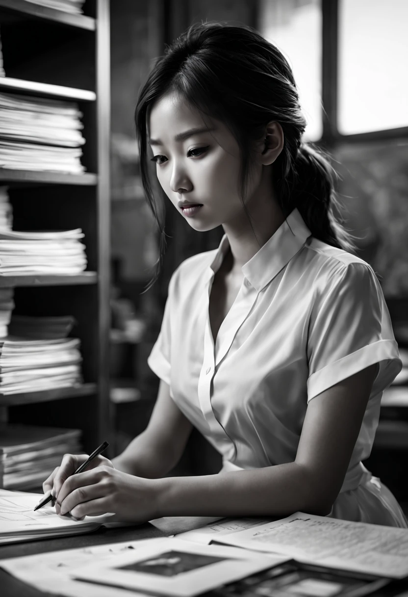 Capture the ethereal of light and shadow in a stunning monochromatic photograph with selective color details of A Asian girl, revealing the hidden poetry of sorting files at company, (realistic, photorealistic, RAWphoto:1.4), octane render, (best quality, masterpiece, Representative work, official art, Professional, unity 8k wallpaper:1.3)