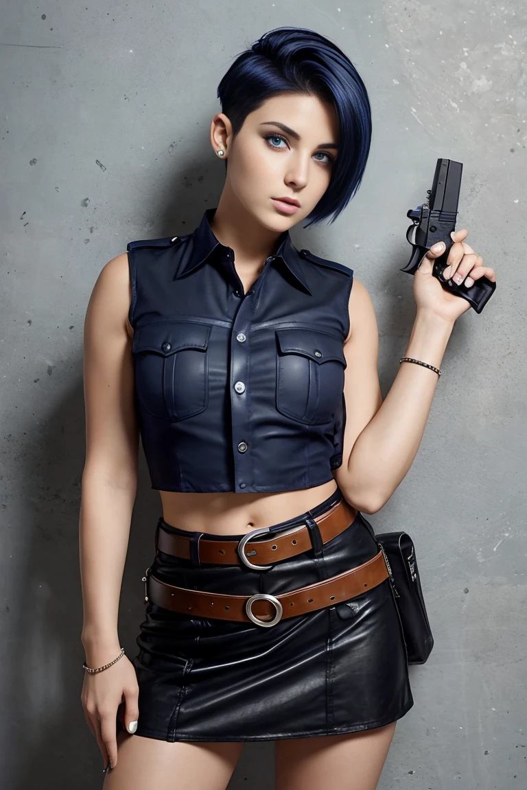 25 year old woman with short undercut indigo hair dressed in a skimpy sleeveless black police officer blouse with leather miniskirt, wearing a pistol on her belt. Blue eyes with eye liner. Neutral background