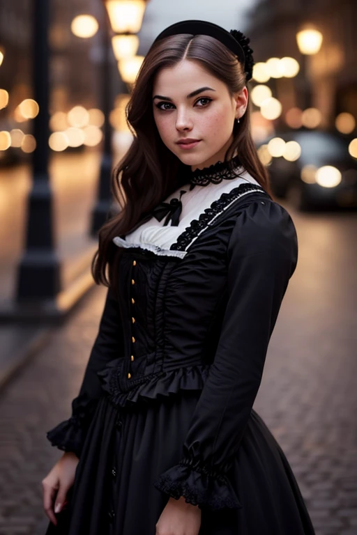 (sharp focus:1.2), photo, attractive young KariSweeteautiful face:1.1), detailed eyes, luscious lips, (cat eye makeup:0.85), (smile:1.2), wearing (black victorian dress:1.2) on a (night street:1.2). (moody lighting:1.2), depth of field, bokeh, 4K, HDR. by (James C. Christensen:1.2|Jeremy Lipking:1.1).