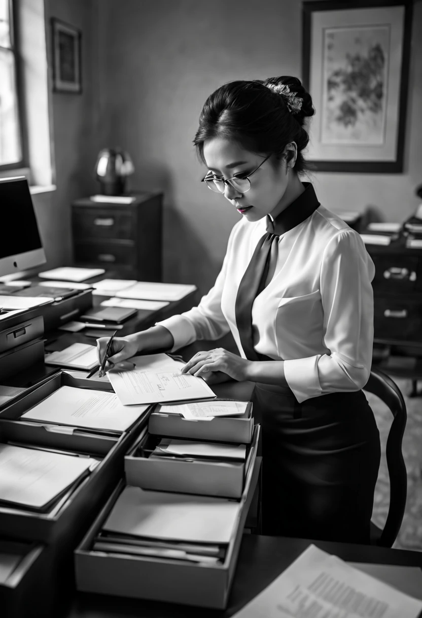 Capture the ethereal of light and shadow in a stunning monochromatic photograph with selective color details of Asian ol lady, revealing the hidden poetry of sorting files by office desk, (realistic, photorealistic, RAWphoto:1.4), octane render, (best quality, masterpiece, Representative work, official art, Professional, unity 8k wallpaper:1.3)