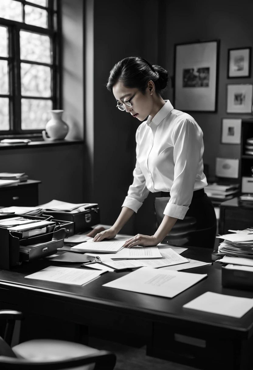 Capture the ethereal of light and shadow in a stunning monochromatic photograph with selective color details of Asian ol lady, revealing the hidden poetry of sorting files by office desk, (realistic, photorealistic, RAWphoto:1.4), octane render, (best quality, masterpiece, Representative work, official art, Professional, unity 8k wallpaper:1.3)