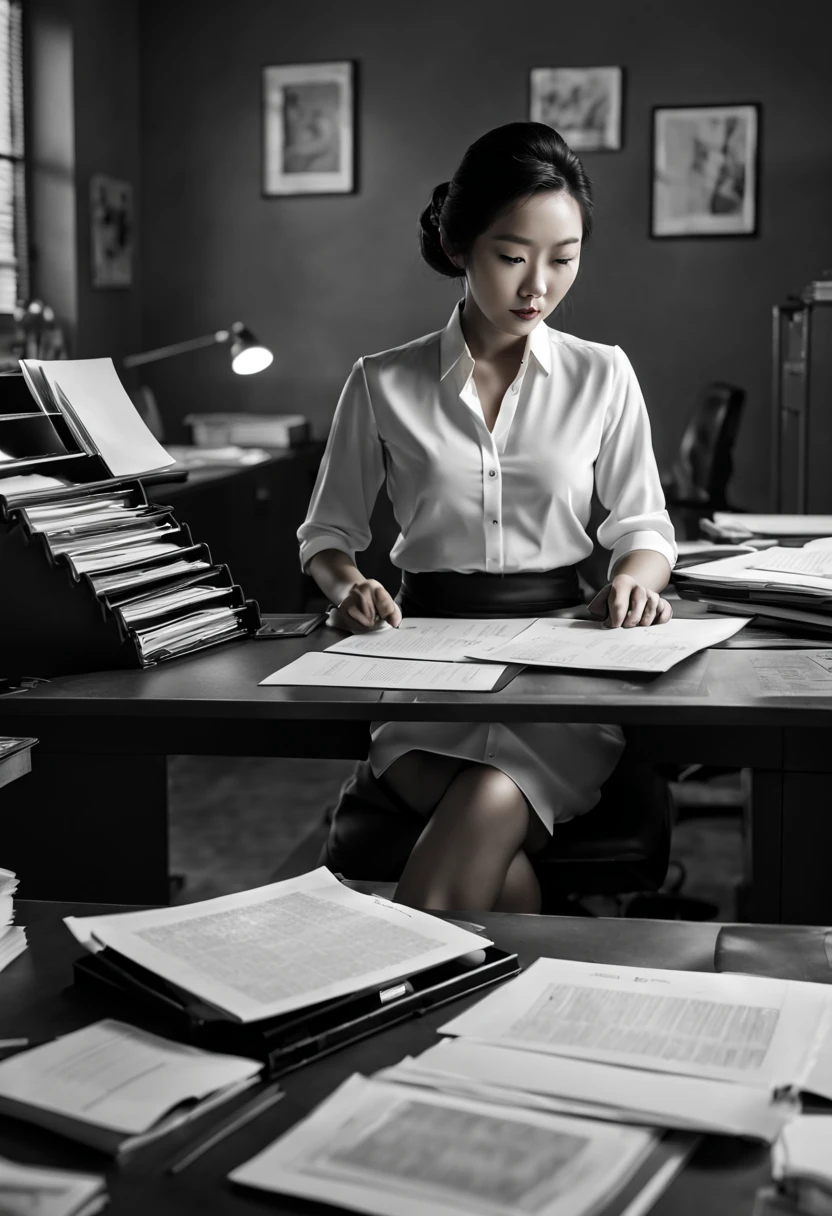 Capture the ethereal of light and shadow in a stunning monochromatic photograph with selective color details of Asian office lady with layered_cut, revealing the hidden poetry of desk files, computer, (realistic, photorealistic, RAWphoto:1.4), octane render, (best quality, masterpiece, Representative work, official art, Professional, unity 8k wallpaper:1.3)