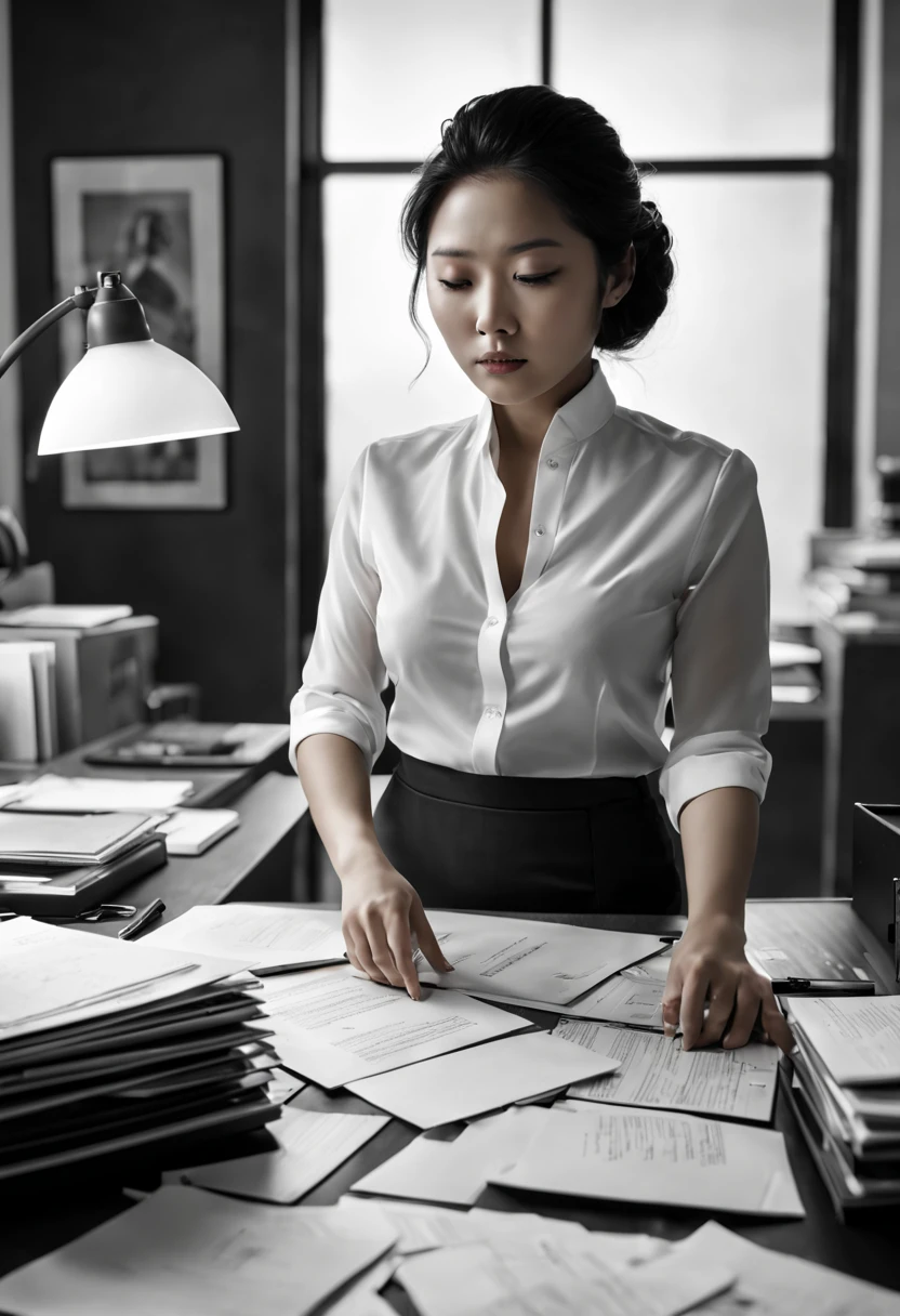 Capture the ethereal of light and shadow in a stunning monochromatic photograph with selective color details of Asian ol lady, revealing the hidden poetry of sorting files by office desk, (realistic, photorealistic, RAWphoto:1.4), octane render, (best quality, masterpiece, Representative work, official art, Professional, unity 8k wallpaper:1.3)