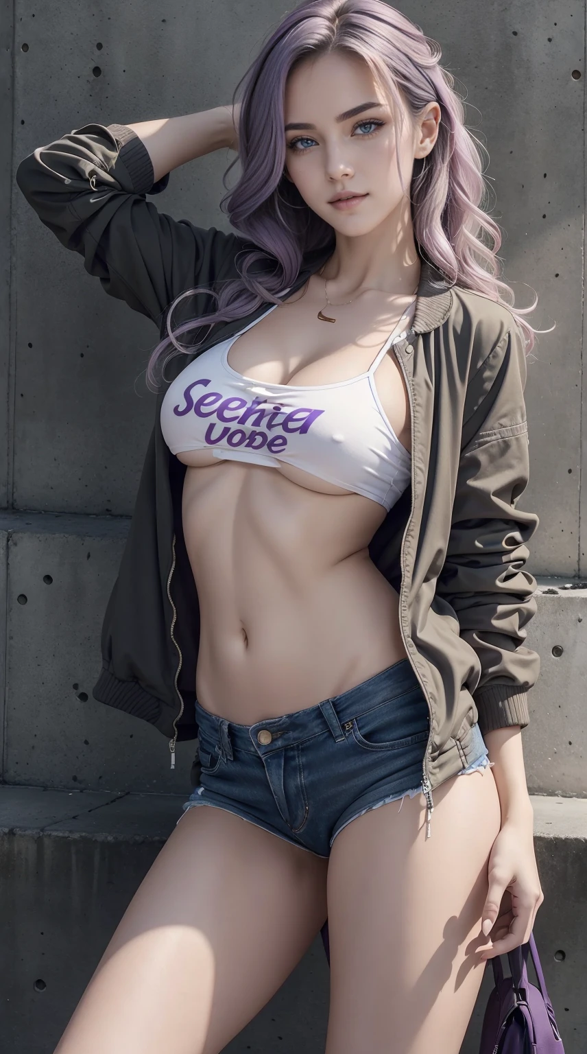 24-year-old Caucasian woman、Hair color is a gradation of brunette and purple、Hair is wavy、Eye color is blue、Longhaire、A slender、a smile、Beautiful breasts、My abs are cracked、I can see the navel、She is wearing a T-shirt that shows her underboob、I'm wearing a miniskirt、Wearing a jacket、I'm wearing pin heels、I'm in front of an old concrete wall