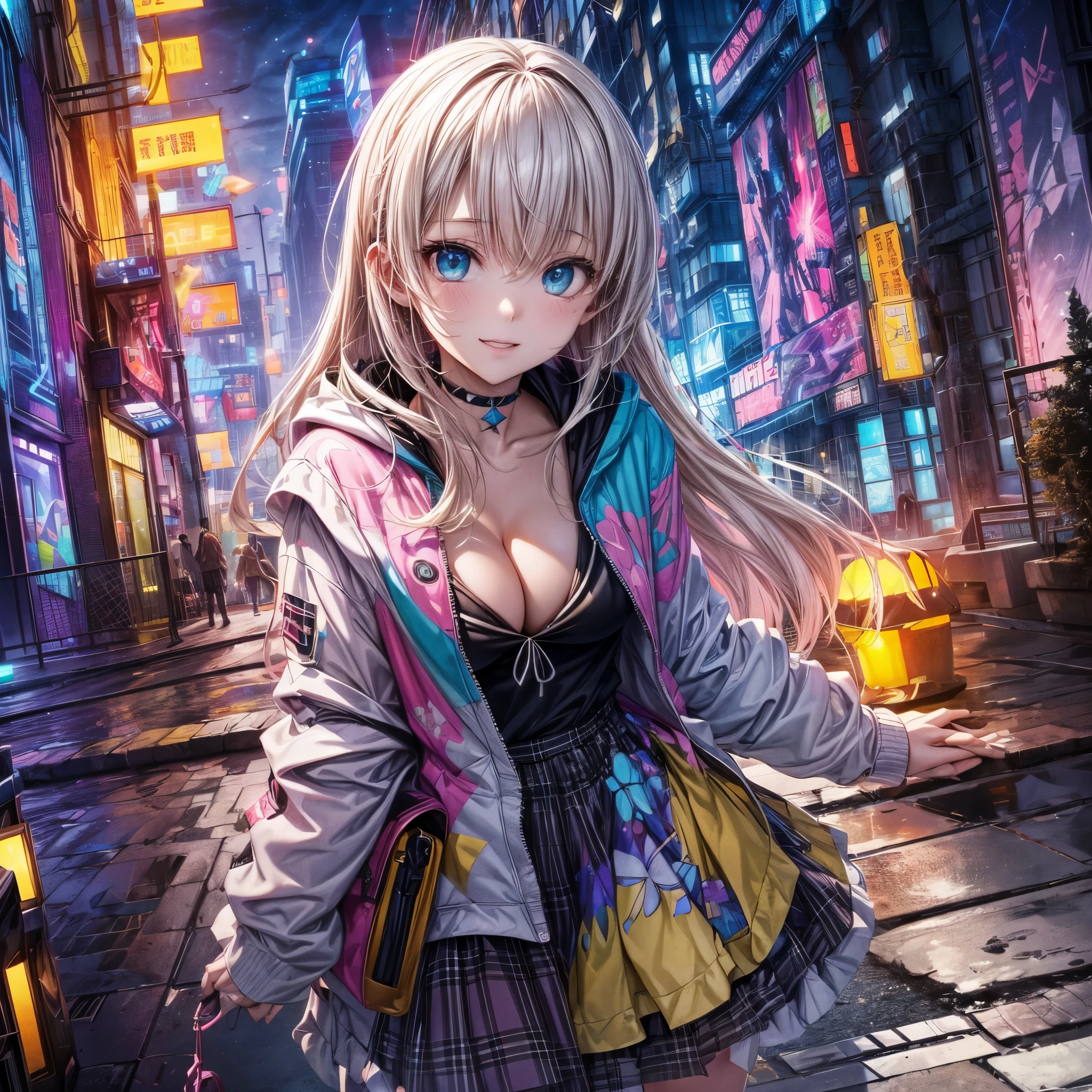absurderes, hight resolution, (Official art, Beautiful and aesthetic:1.2), best qualtiy、(1girl in)、masutepiece、(abstract  art:1.4),(Psychedelia Theme:1.6)   ultra-detailliert,bright colour, Anime Face、extremely beautiful face and eyes,Naughty smile、(Platinum Blonde Hair:1.4) 、(Short low twin tail),(Pink Open Hoodie)、Colossal tits、(cleavage:1.2)、Blushing、(cyan eyes:1.2)、deep in the night、You can see the sea in the distance、(starrysky)、iridescent lighting、Building Light、(Diamond Dust:1.3)、Superb view、a choker、small earring、(jumpping)、raise two handleck plaid pleated skirt),IsometricFuture, Anime Style School, Isometric cutaway, nigh sky, ( Landscape of the near future), depth of fields, Full-HD,(Rim lighting:1.4), Vivid and sharp cinematic lighting, shadowy, chromatic abberation, Art by Art Germ, Greg Rutowski, Square Enix, unreal enginee 5, FXAA, IsometricFuture、Pink light、purple lights、(yellow lean light:1.5)、(Cyber City)、(Near Future City:1.3)、