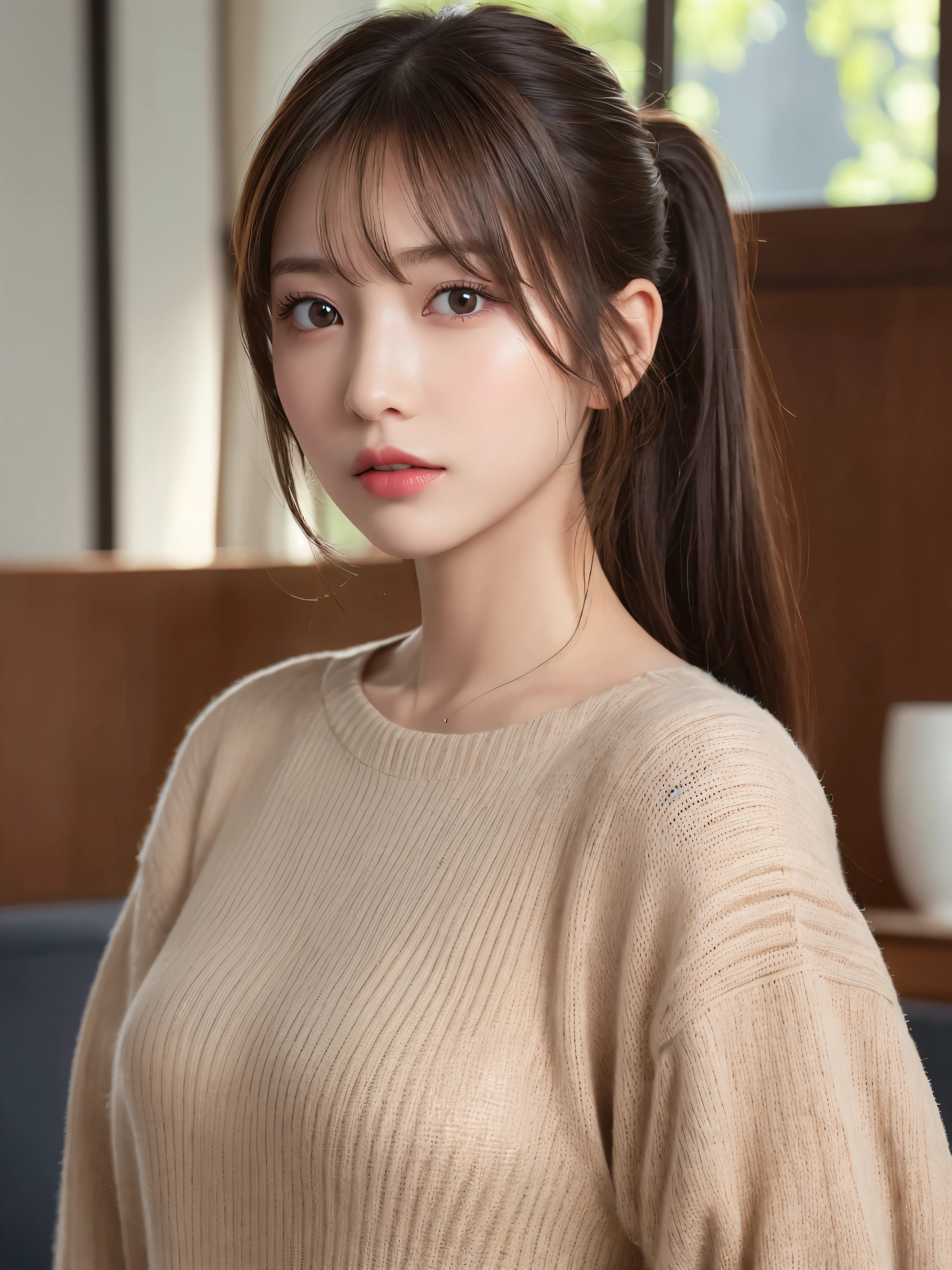 ((NSFW))、(masterpiece:1.5)、(8K)、(Photorealsitic:1.5)、Raw photography、(Top image quality:1.4)、(foco nítido:1.5)、 top-quality、masterpiece、超A high resolution、Perfect dynamic composition、 20 years old、slender、Unwind in the living room、prety woman:1.4、serious facial expression、 White knitted sweater(Tight Dress)Put on the、 light brown hair、Hairstyle is ponytail、Glowing hair、 Super Detail Face、A detailed eye、二重まぶた、 Natural Color Lip、Transparent skin、