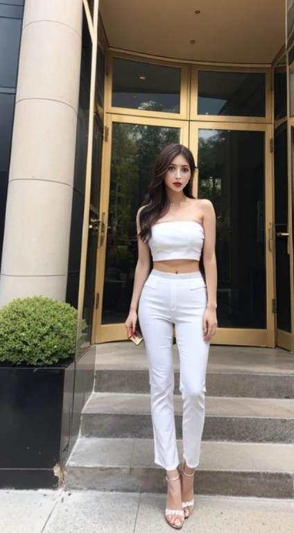 An arafed woman wearing a strapless crop top and fitted pants is standing in front of a building, formal clothes, intricate and detailed lace set, wearing an elegant outfit, full body full height, cindy avelino, full - body - front - shot, cutout, Jumpsuit, Sheer, wearing off - white style, sha xi, white lace clothing, Gold Accessories, The whole picture, White tight clothes
