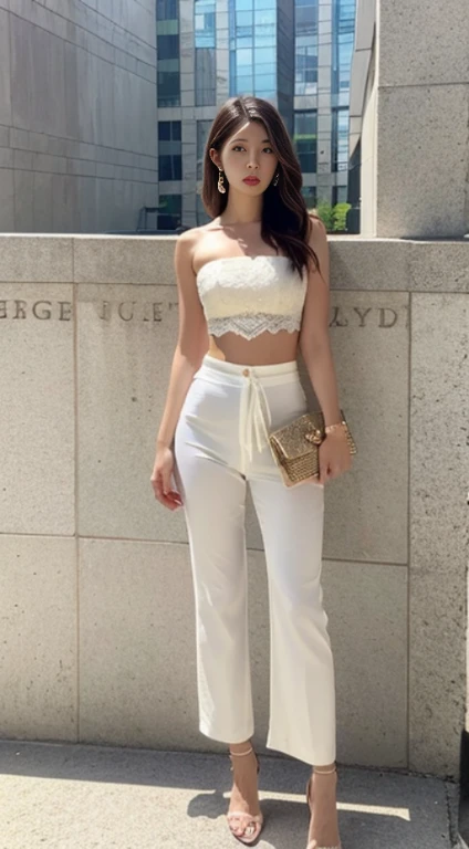 An arafed woman wearing a strapless crop top and fitted pants is standing in front of a building, formal clothes, intricate and detailed lace set, wearing an elegant outfit, full body full height, cindy avelino, full - body - front - shot, cutout, Jumpsuit, Sheer, wearing off - white style, sha xi, white lace clothing, Gold Accessories, The whole picture, White tight clothes