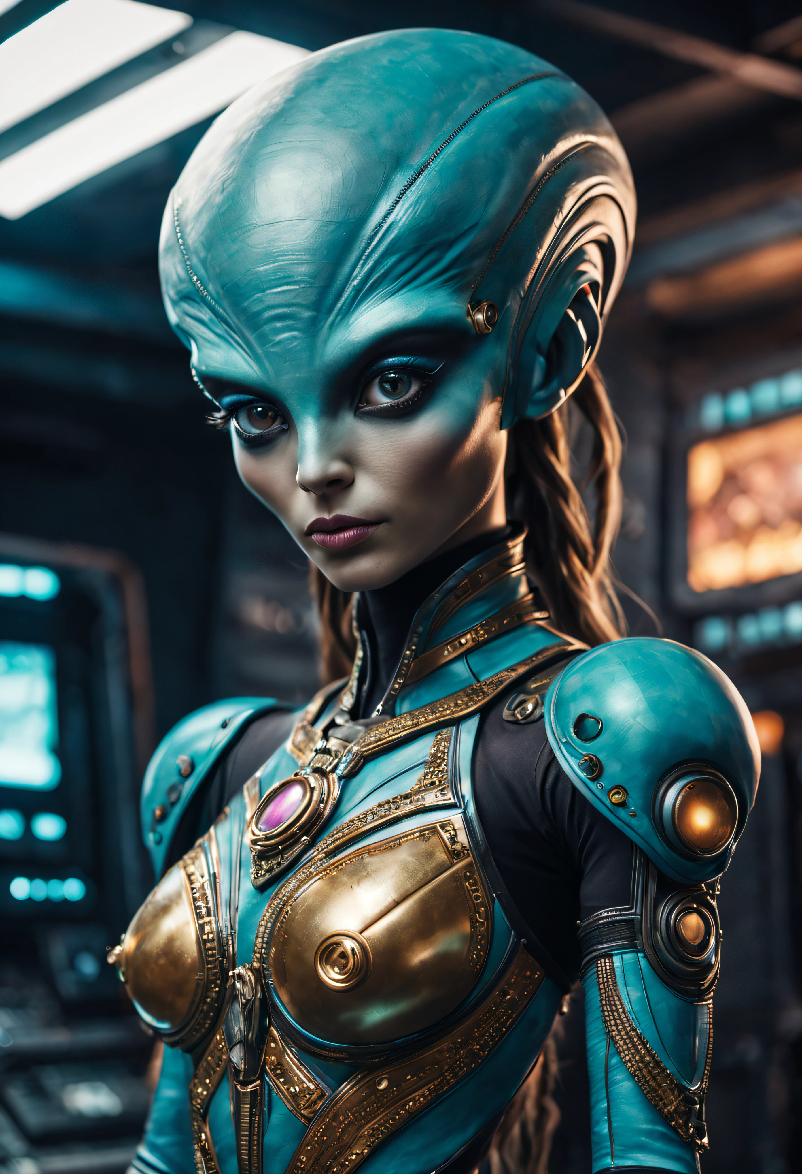 (cuerpo completo), extraterrestrial alien female similar to Lihö-Minaa princess of the people of the planet mül from Valerian and the city of a thousand planets ,vestida de traje de noche corto, engarzado con oro refulgente, priedras preciosas de colores y diamantes, (se encuentra en centro de control de estacion espacial),detalles intrincados de la maquina de alta calidad), estilo cinematografico, nitidez absoluta, imagen 8k.(obra maestra).fondos de pantalla, ultra detallado.