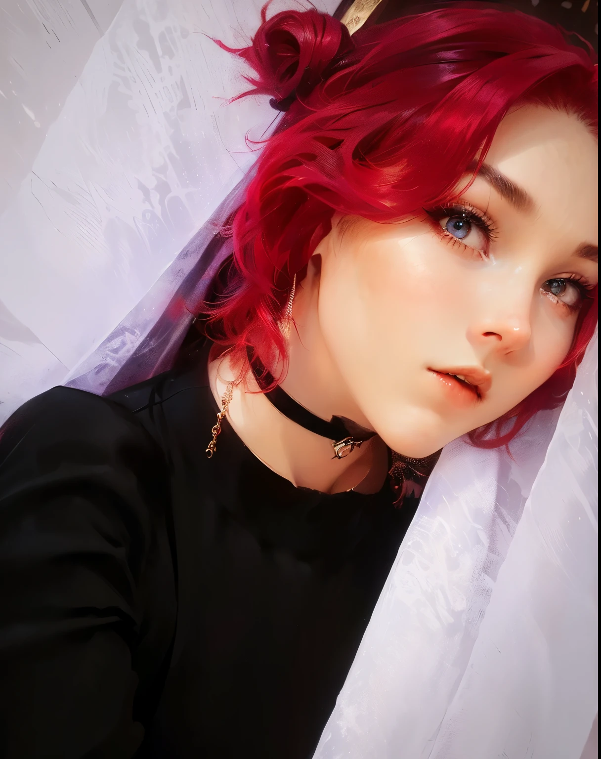 there is a woman with red hair and a black top, with red hair, black and red hair, wearing black choker, red hair, with curly red hair, crimson red hair and red eyes, dark purple hair and cybernetics, aleksandra waliszewska, crimson hair, purple and black, with long red hair, black and red hair hair