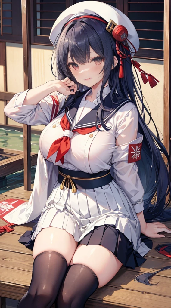 military hat、、Old Japan、Pre-war Japan、military style sailor suit、blue gray long hair,diagonal hair curtains,Hair is scattered around the waist,White skin of the,pale red eyes,huge smile,hands are playing with hair.,girl,Colossal tits,(((tucking up the skirt、White panties are visible,)))、Knee socks that dig into the thighs
