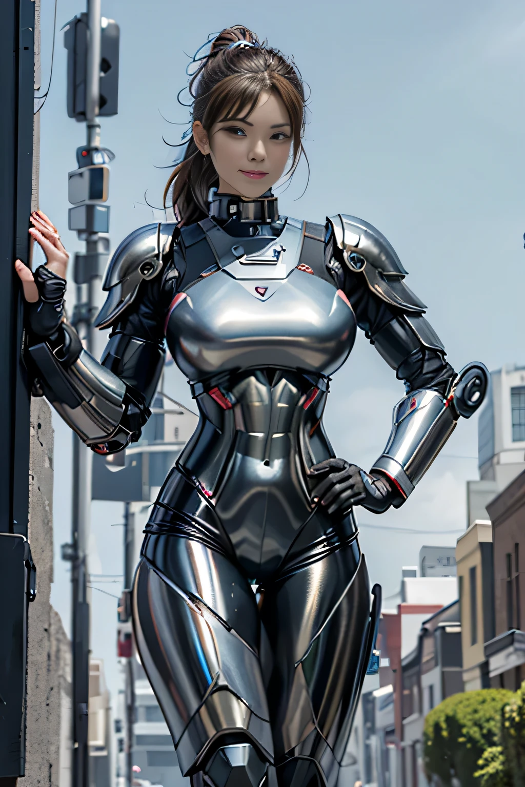 female robocop solo、Armor that completely covers the whole body、very large armor、Helmet to hide your eyes、Rainbow Armor、Armor that completely covers the chest、Slender and long legs、Vibrant Posel Body View