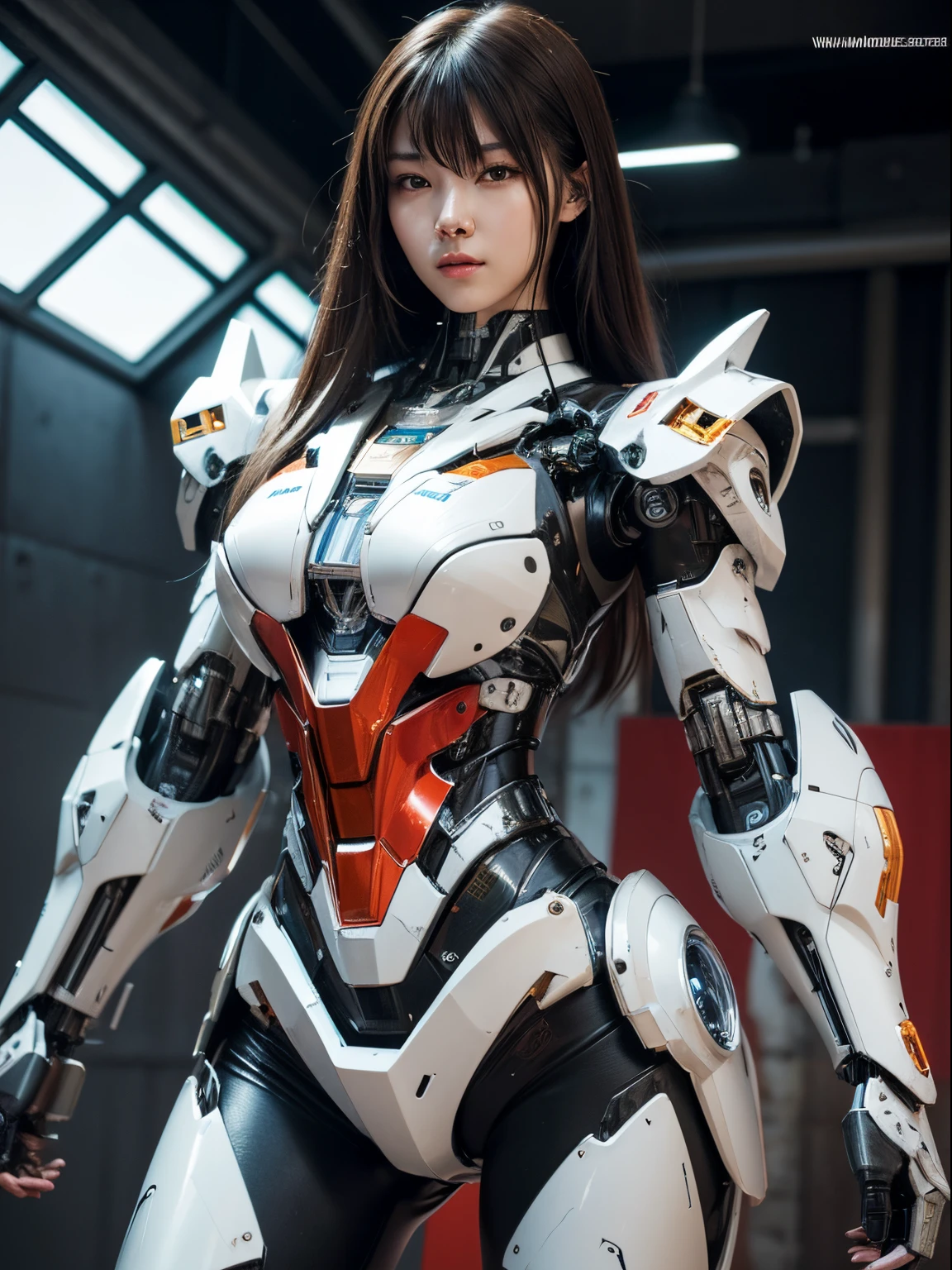 Textured skin, Super Detail, high details, High quality, Best Quality, hight resolution, 1080p, hard disk, Beautiful,beautiful cyborg woman,Mecha Cyborg Girl,Battle Mode,Girl with a Mecha Body,She wears a battle cyborg mech with a weapon,Cyborg Warrior