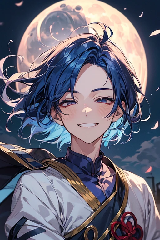 (masutepiece), (Best Quality), Highly detailed, (1 boy,独奏),Taken from,Perfect face, Beautiful face, extra detailed face,(light dark blue hair:1.3),(happily face:1.4),(smiling with squinting eyes:1.3),(Hair that flutters in the wind:1.4),Looks like it's going to disappear,(moonlight:1.3),fleeting,Petals flutter