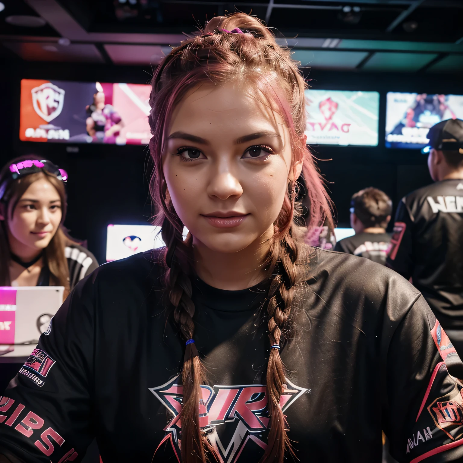 PInk braided hair, Setting: A lively esports café, buzzing with gamers and screens broadcasting live matches.
Appearance: Casual esports jersey, reflecting her favorite team, accessorized with gaming-inspired jewelry.
Expression: Engaged and animated, sharing her thoughts with a vibrant energy.
Background: Surrounding her are enthusiastic gamers, memorabilia, and multiple screens showcasing various esports events.
Activity: Participating in a lively discussion about upcoming esports tournaments, sharing predictions and strategies.