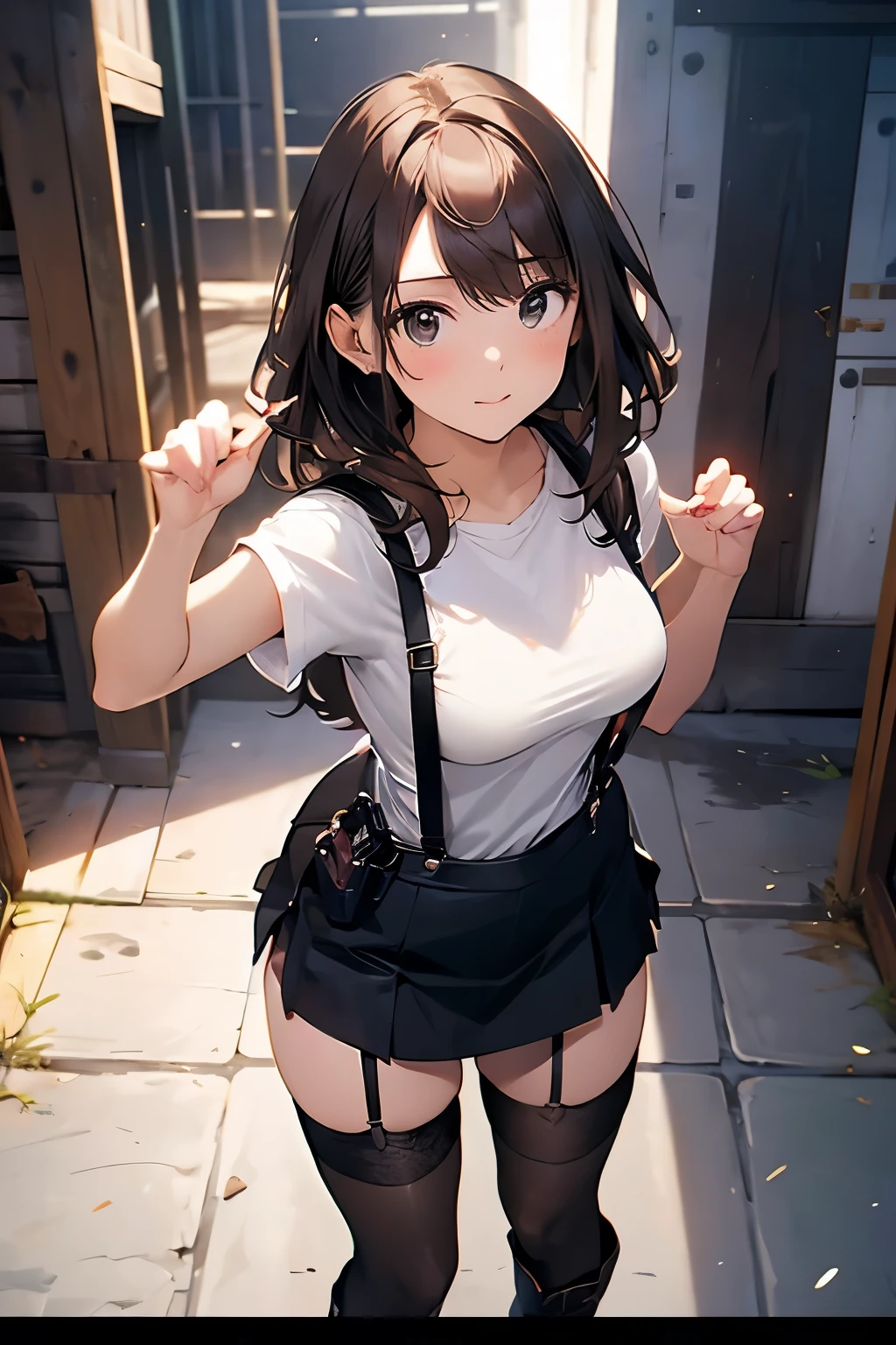 brown hair、looking at the viewer suspenders Bulging big breasts Black miniskirt garter belt knee high socks Gaze small face bangs Beauty hands up Gaze black boots provocation armpit sweat one person put your hands behind your back cutter shirt Panty shot