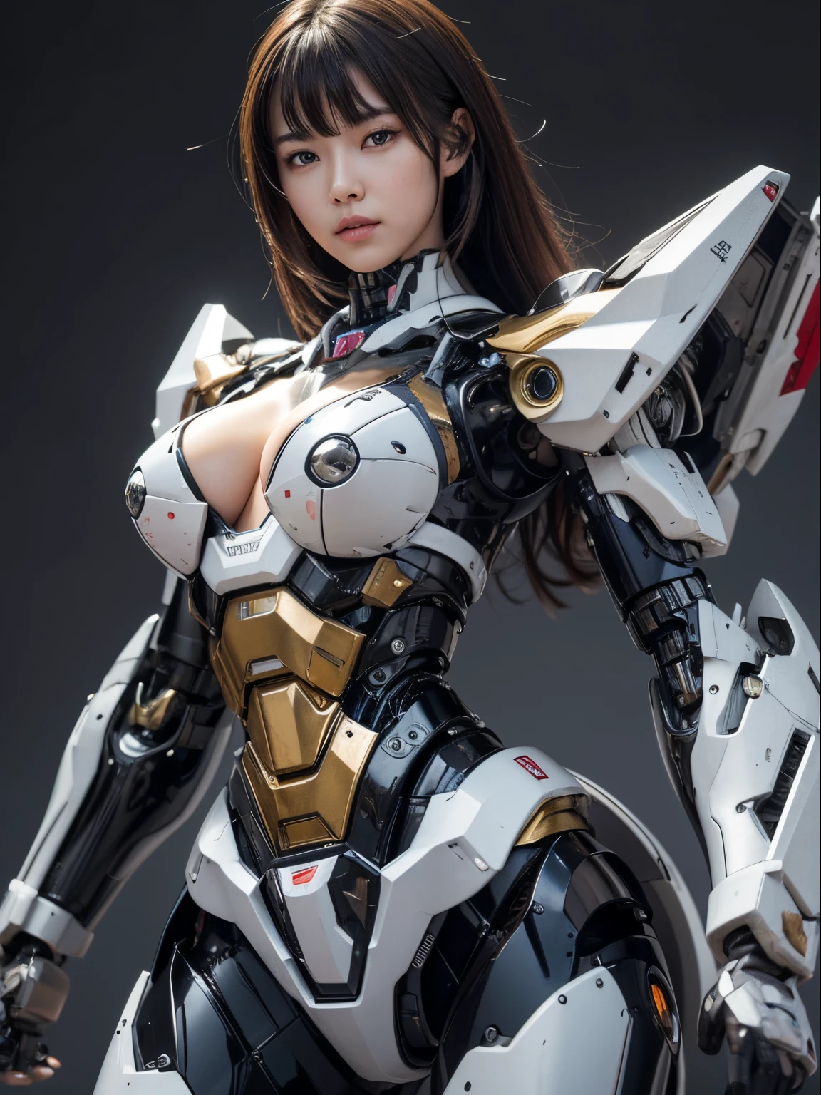 Textured skin, Super Detail, high details, High quality, Best Quality, hight resolution, 1080p, hard disk, Beautiful,beautiful cyborg woman,Mecha Cyborg Girl,Battle Mode,Girl with a Mecha Body,She wears a battle cyborg mech with a weapon,Cyborg Warrior,fully body photo
