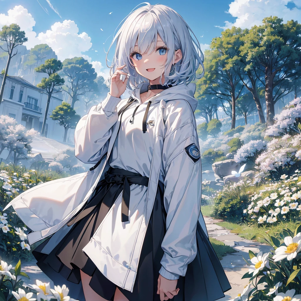 Ultra-high image quality,Look at viewers, hands behind back, girl with, 20 years old, Very short hair, long bangs between eyes, blue eyess,Black eyes, Hoodie, Skirt , Extremely detailed,(masterpiece、top-quality),White hair、A smile、Fantastical, Silver hair,, Hoodie, White hoodie,a black skirt,Hair is short,White jacket, Casual style,Open jacket, Cowboy Shot、Fluttering hair、a small face、Bright smile、(Detailed face) ,profetional lighting,fantastic landscape,Blue sky, Sunlight,look down from above,portraitures、open open mouth、facing front、Five fingers spring in the forest、flower field