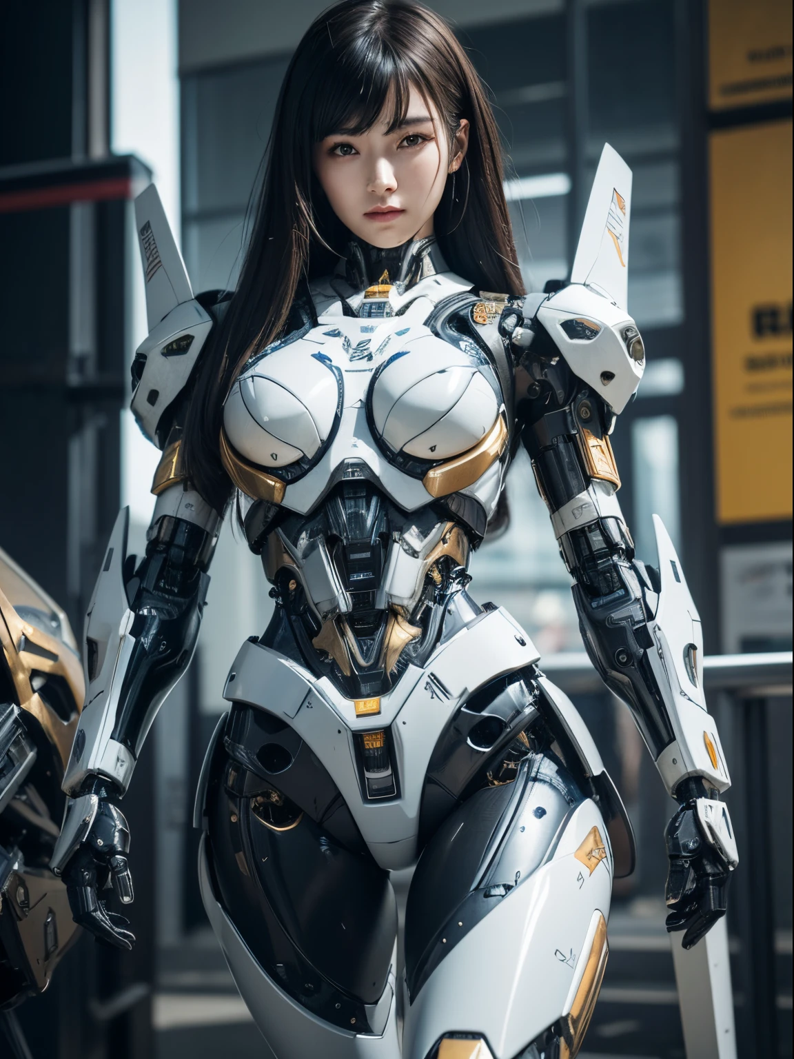 Textured skin, Super Detail, high details, High quality, Best Quality, hight resolution, 1080p, hard disk, Beautiful,beautiful cyborg woman,Mecha Cyborg Girl,Battle Mode,Girl with a Mecha Body,She wears a battle cyborg mech with a weapon,Cyborg Warrior,fully body photo